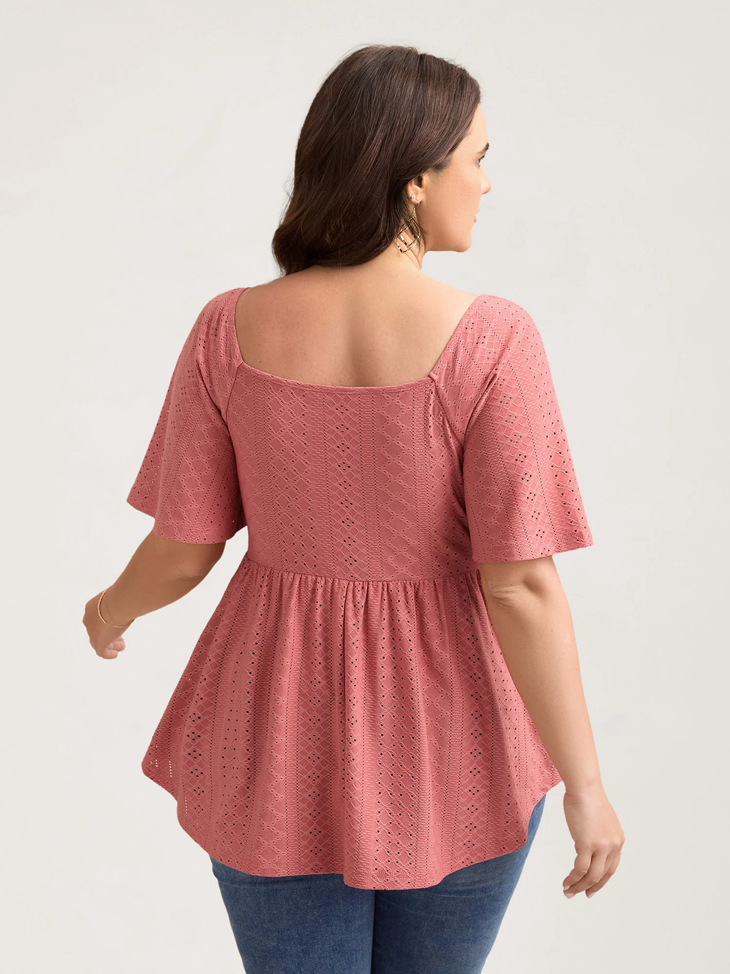 Textured Front-Twist Eyelet Trim Plain Top - Image 4