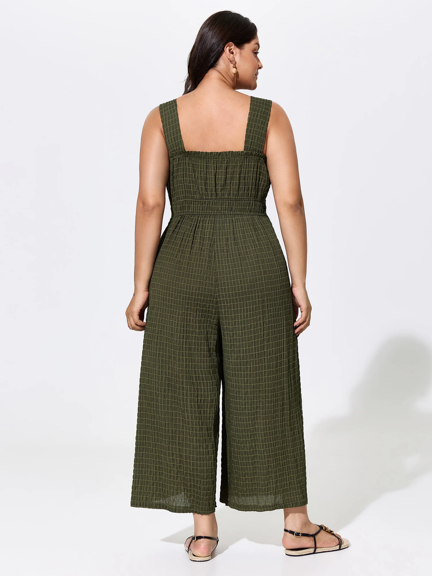 Textured Wide Straps Shirred Waist Jumpsuit - Image 4