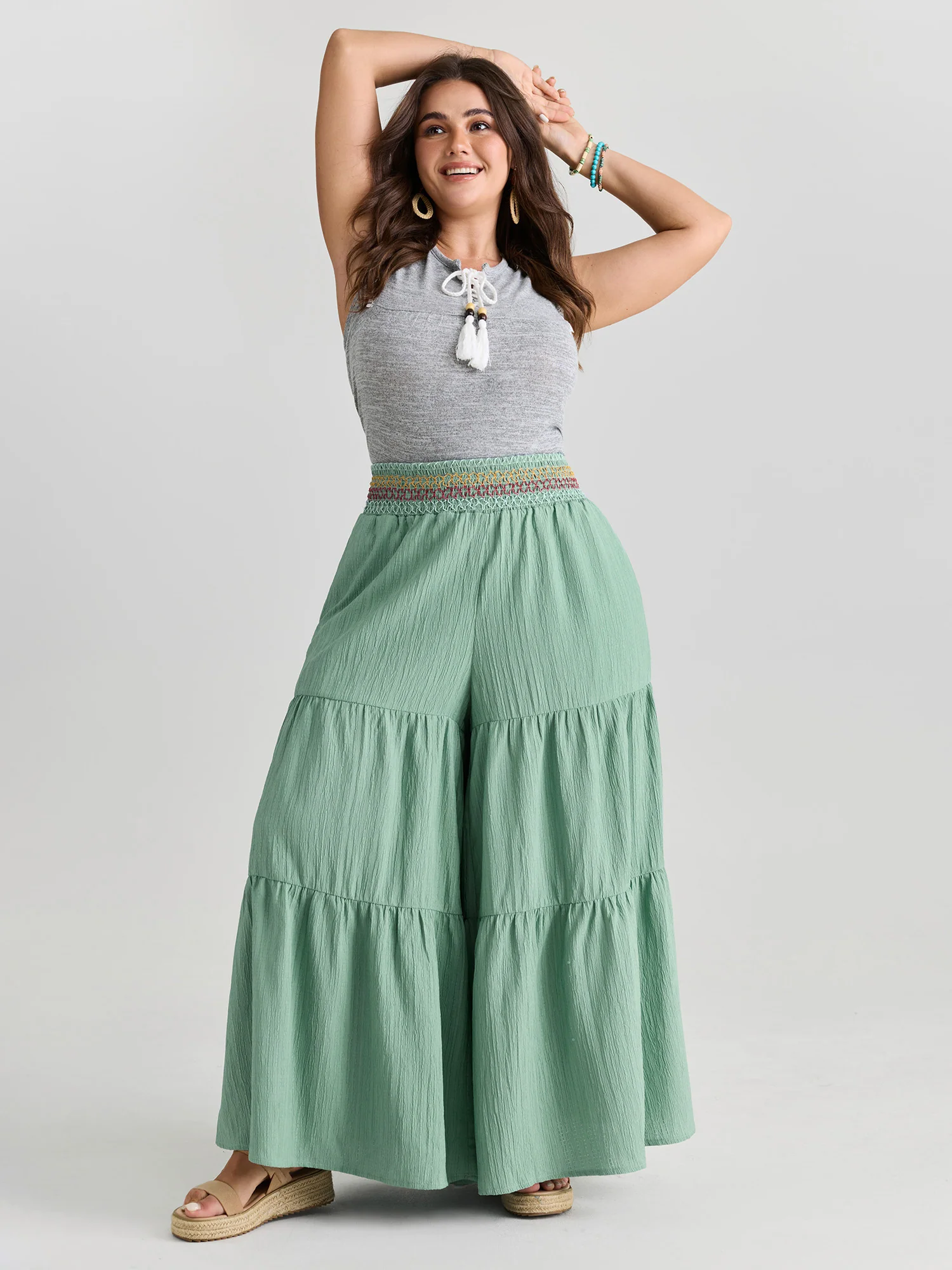 Tiered Shirred Waist Flare Pants