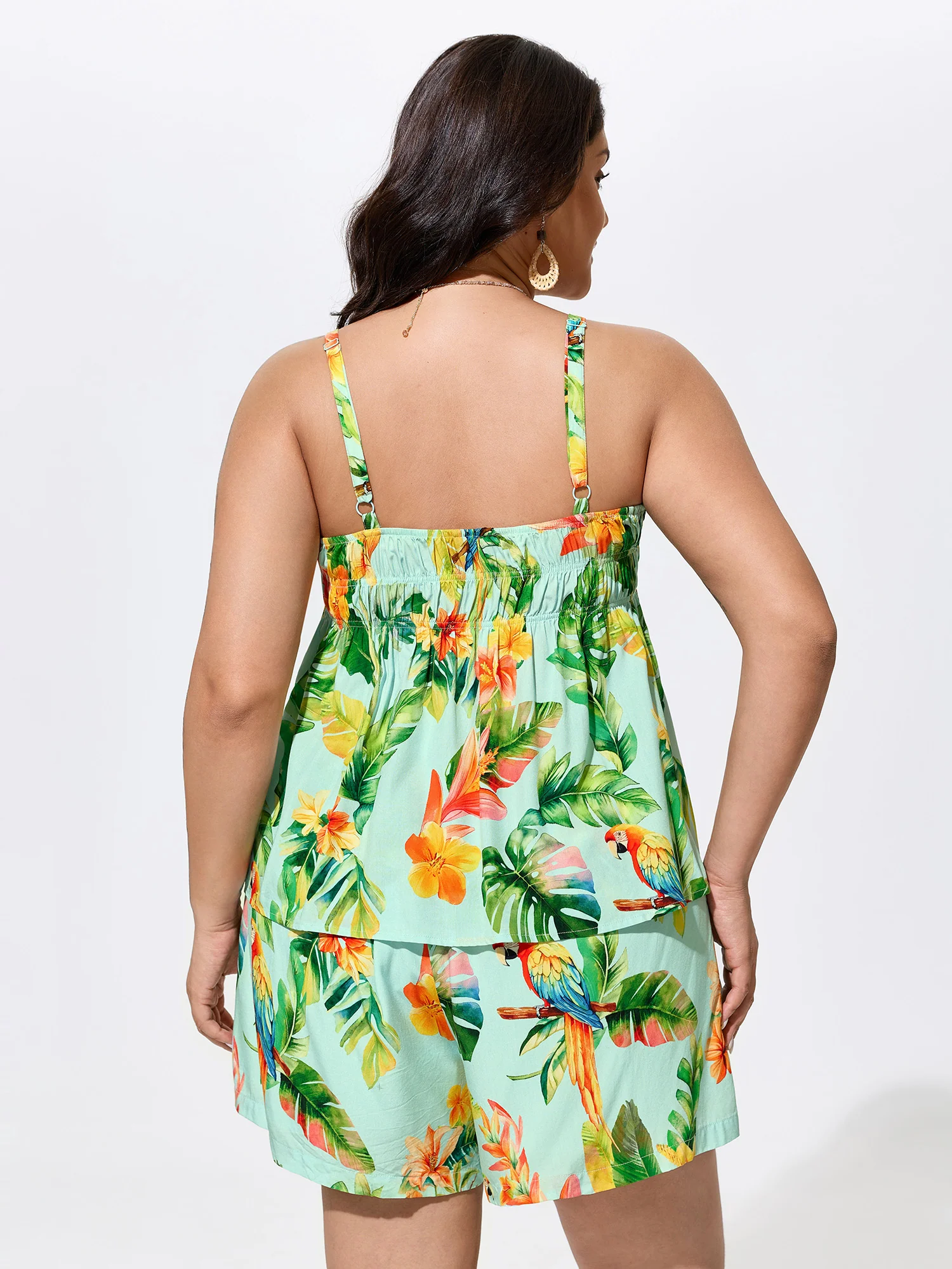 Tropical Breeze Print Shirred Neckline Tank Top - Image 4