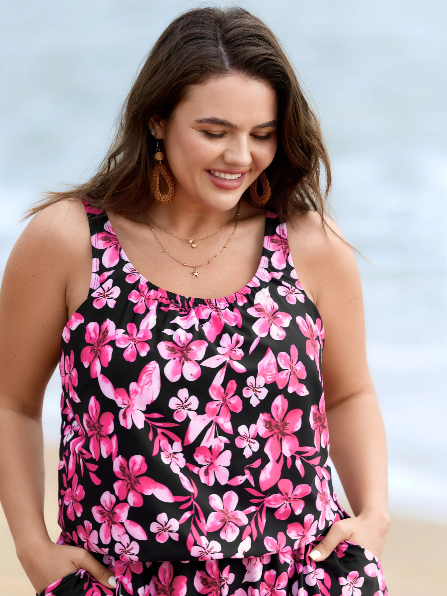 Tropical Flower Print Pockets One-Piece Swimsuit - Image 101