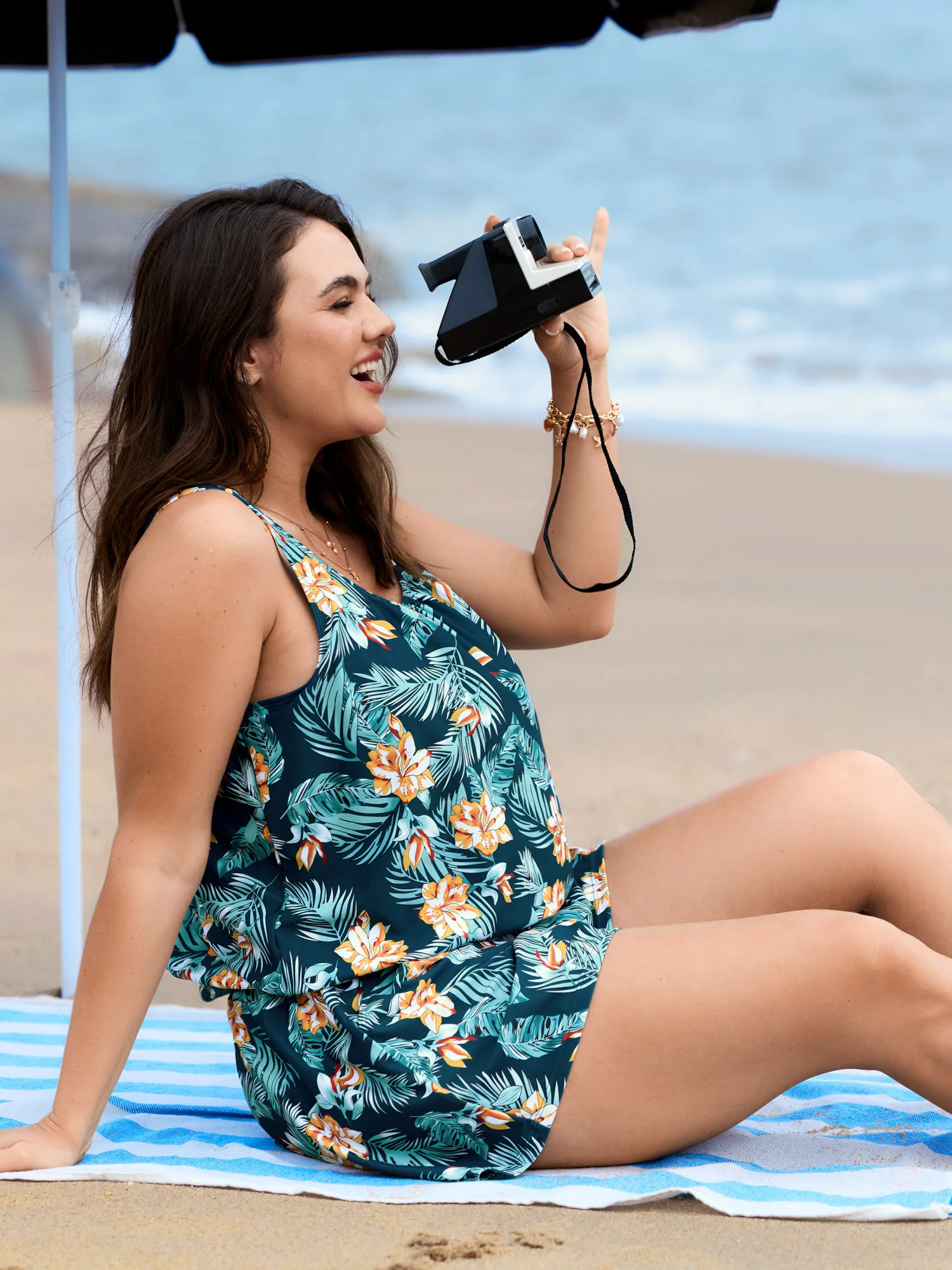 Tropical Flower Print Pockets One-Piece Swimsuit - Image 84