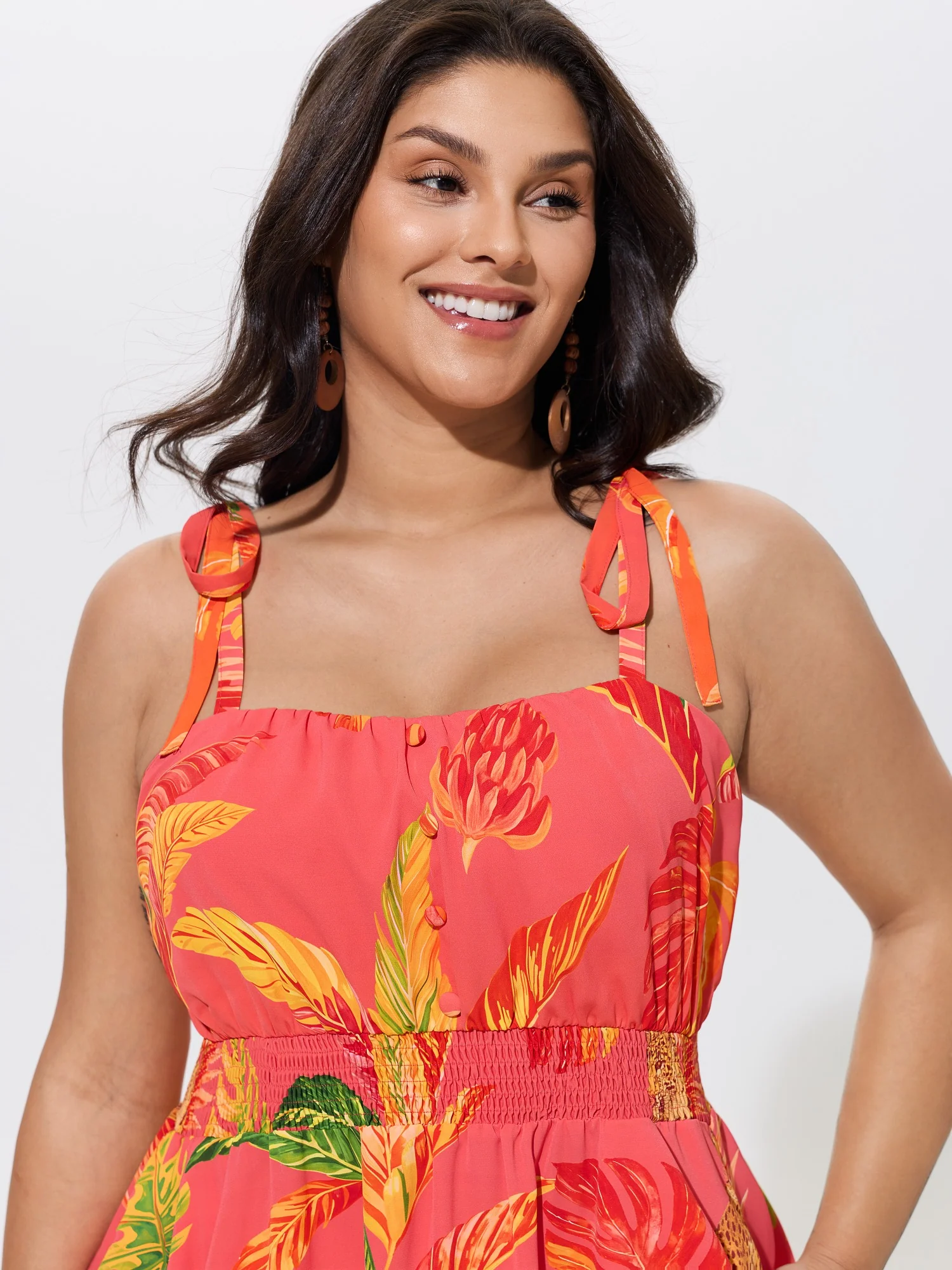 Tropical Leaf Print Shirred Tie Shoulder Maxi Dress - Image 2