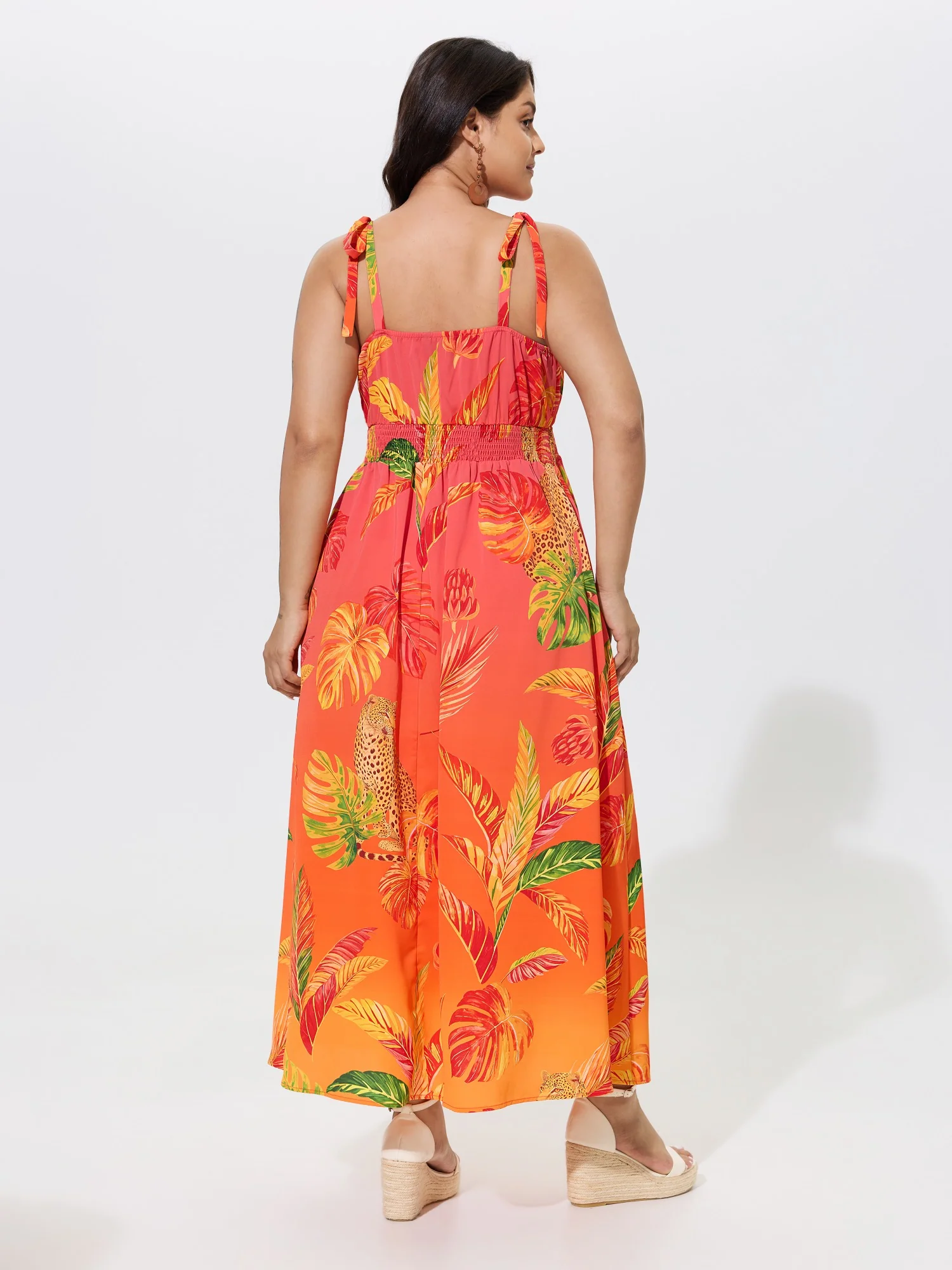 Tropical Leaf Print Shirred Tie Shoulder Maxi Dress - Image 3