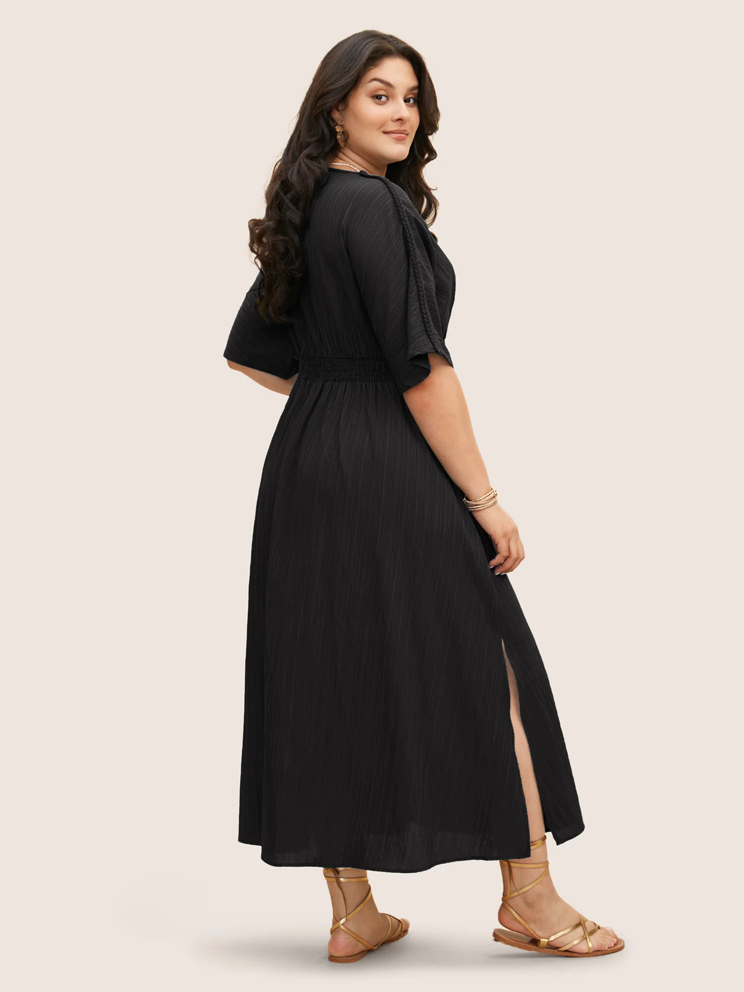 V Neck Shirred Contrast Webbing Split Side Dress - Image 19