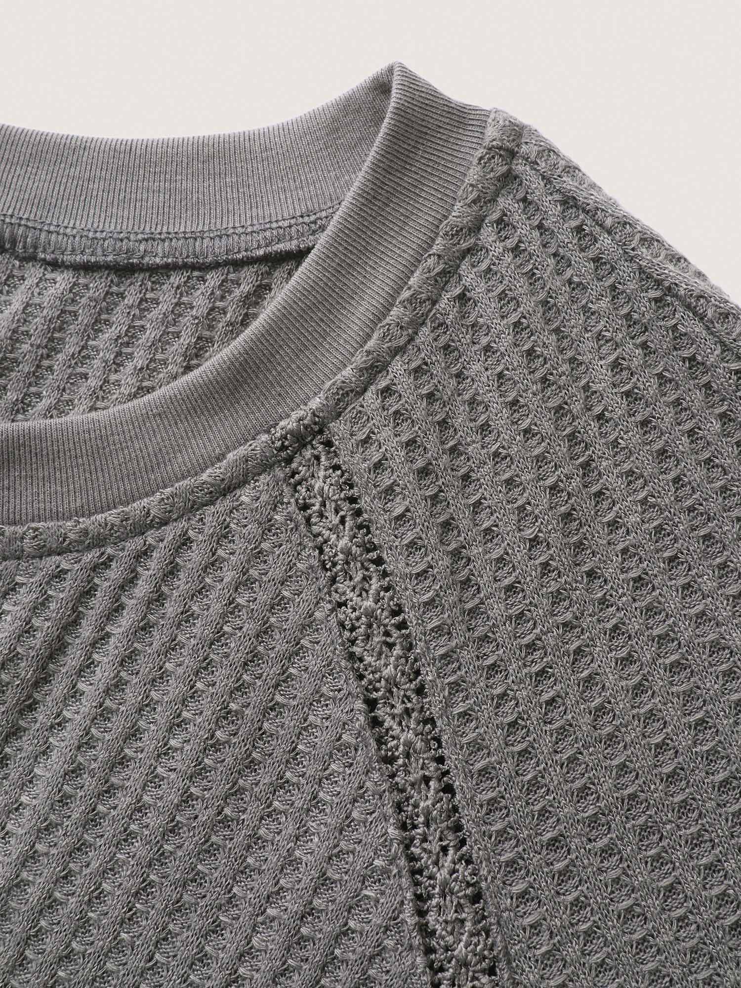 Waffle Grid Notched Collar Lace Sweatshirt - Image 11