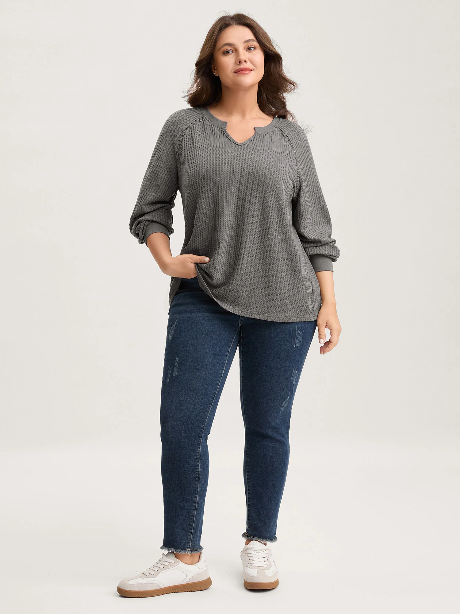 Waffle Grid Notched Collar Lace Sweatshirt - Image 7