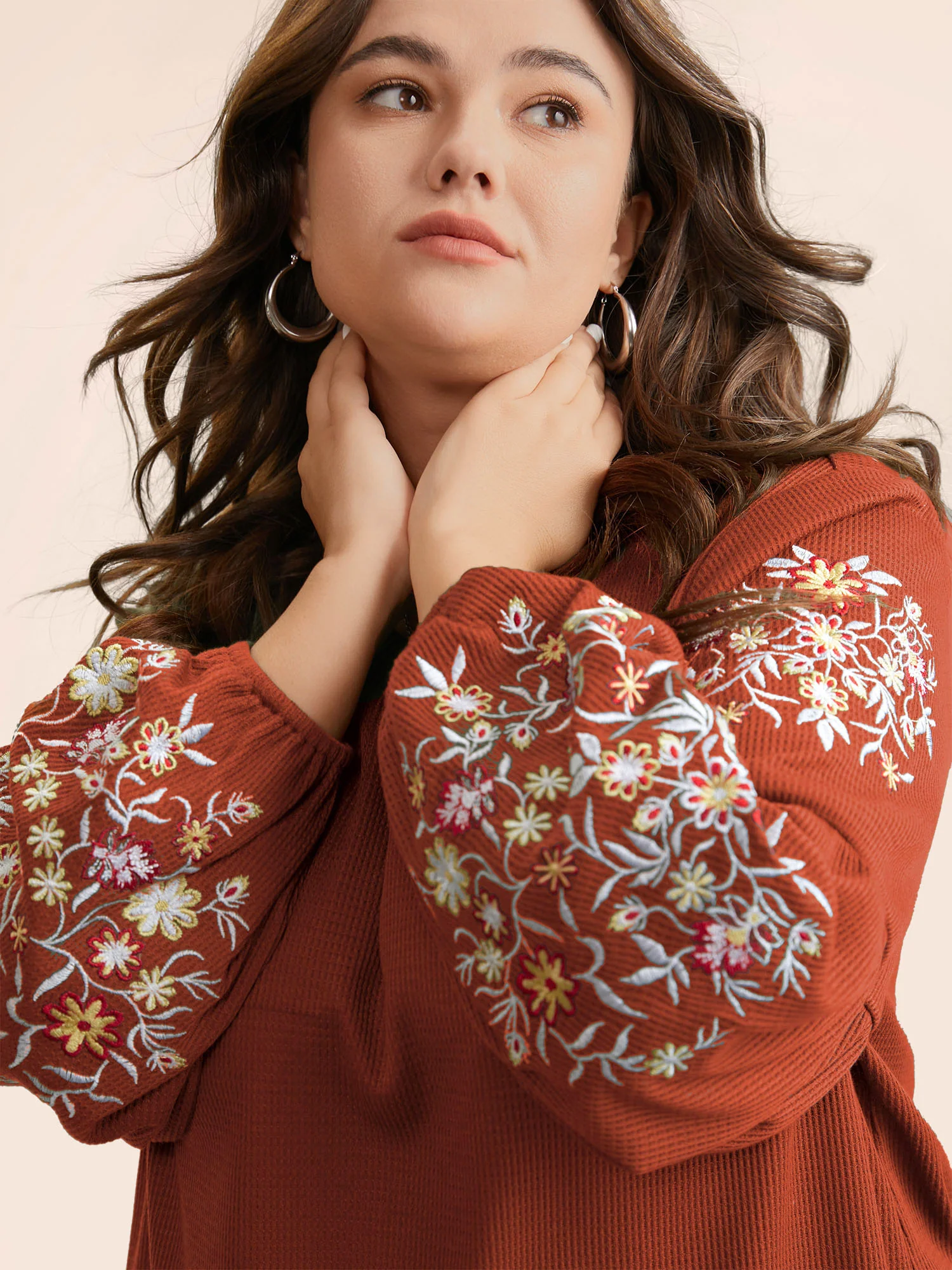 Waffle Knit Floral Embroidered Lantern Sleeve T-shirt - Image 9