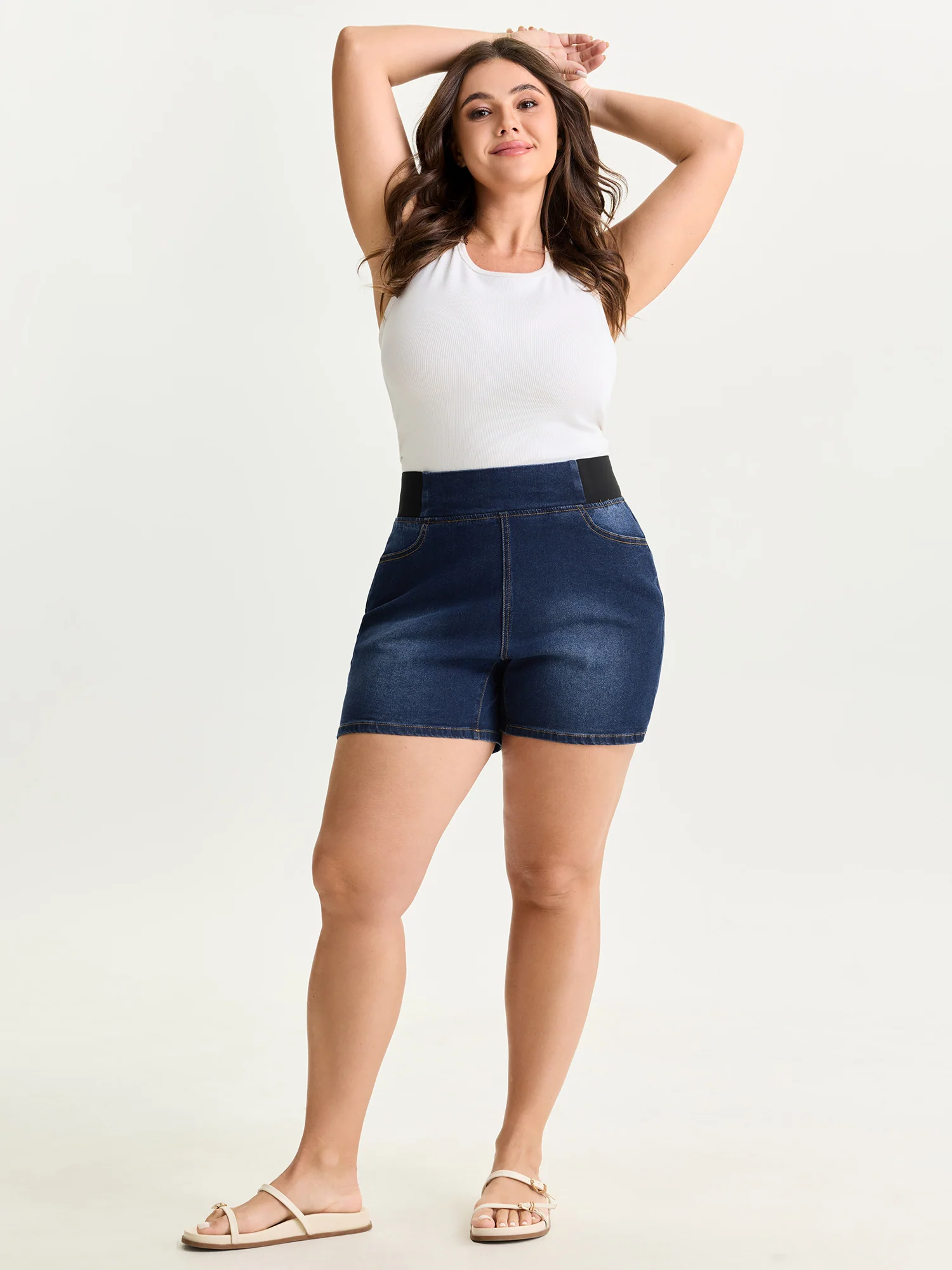 Wide Elastic Waistband Denim Shorts