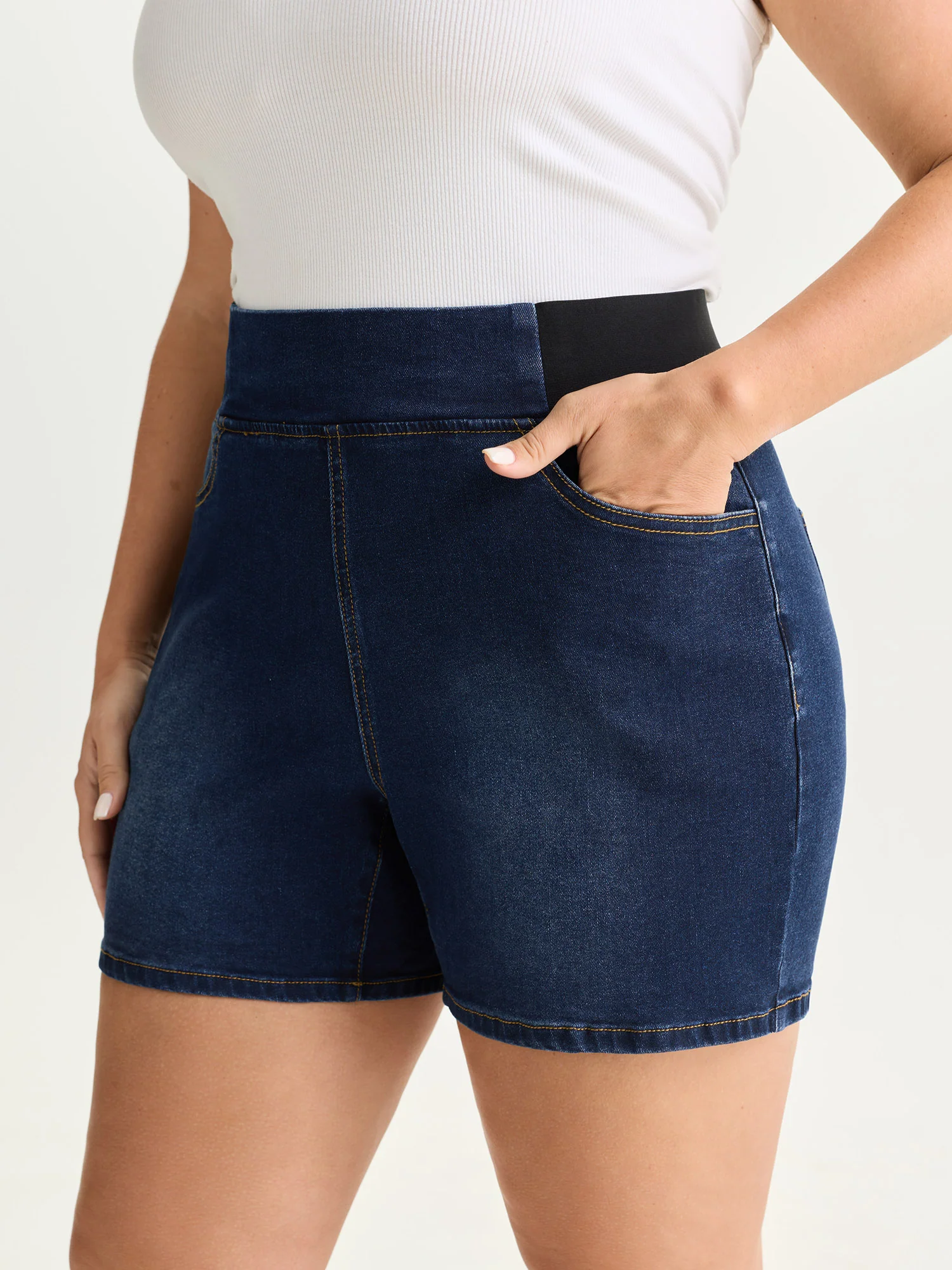 Wide Elastic Waistband Denim Shorts - Image 2